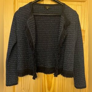 123 Paris Navy Sparkled Fringe Open-Front Women's Sweater, size Medium.